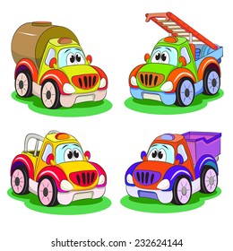 Four cartoon funny cars: lorry,  car-ladder,  car-barrel, truck.