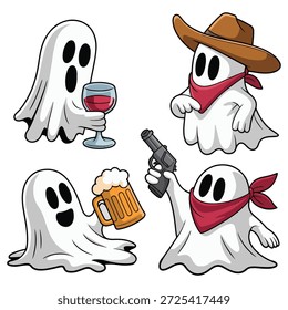 Cuatro fantasmas de dibujos animados con accesorios blanco negro
