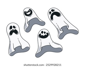 Four Cartoon Ghosts With Various Facial Expressions Isolated On A White Background. Phantom Personages