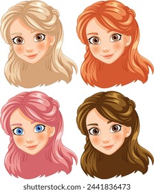 Four cartoon girl faces with different hairstyles