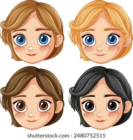 Four cartoon girl faces with different hair colors