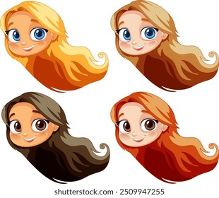 Quatro desenhos animados rostos menina com diferentes cores de cabelo