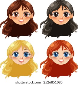 Four cartoon girl faces with different hair colors