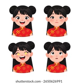 Four cartoon girls with different facial expressions: happy, sad, winking, and surprised.