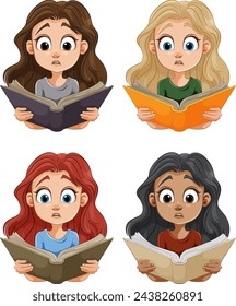 Four cartoon girls with different hair colors reading.