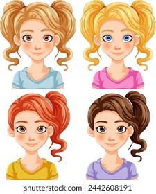 Four cartoon girls with different hairstyles and colors