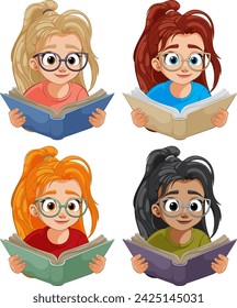 Four cartoon girls engrossed in reading books