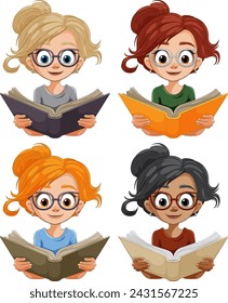 Four cartoon girls engrossed in reading different books.