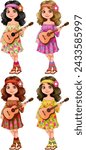 Four cartoon girls playing ukuleles in floral dresses.