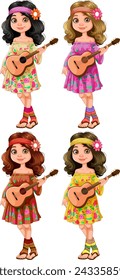 Four cartoon girls playing ukuleles in floral dresses.