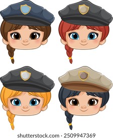 Cuatro chicas de dibujos animados con uniformes de policía