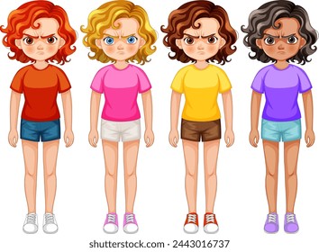 Four cartoon girls showing different facial expressions.