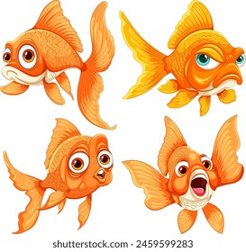 Four cartoon goldfish with various expressions