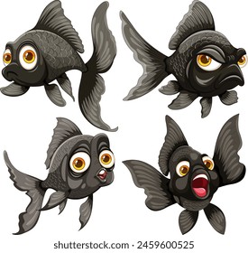 Four cartoon goldfish with various facial expressions.