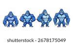Four cartoon gorillas stand in a row on white