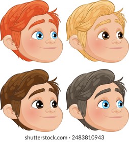 Four cartoon heads with different hair colors