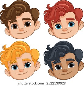 Four cartoon heads with different hair colors