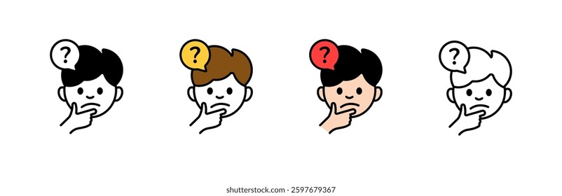 Four cartoon heads with question marks, each in a different style and color, pondering thoughtfully.