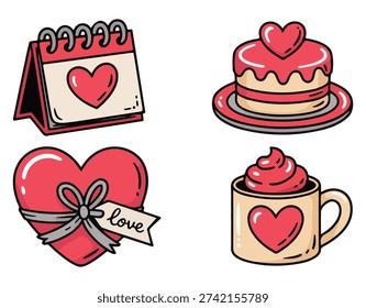 Four cartoon illustrations featuring hearts, including a calendar, cake, gift, and coffee cup, symbolizing love and affection.