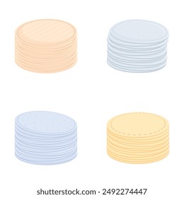 Four cartoon illustrations of stacked coins in different colors isolated on a white background