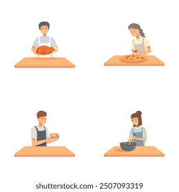 Four cartoon illustrations of young chefs cooking different dishes in a kitchen