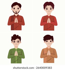 Four cartoon illustrations of young men, each wearing traditional clothing and bowing.  The men's expressions are friendly and happy. The image is suitable for depicting a cultural or religious theme.