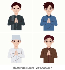 Four cartoon illustrations of young men, each wearing traditional clothing and bowing.  The men's expressions are friendly and happy. The image is suitable for depicting a cultural or religious theme.