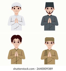 Four cartoon illustrations of young men, each wearing traditional clothing and bowing.  The men's expressions are friendly and happy. The image is suitable for depicting a cultural or religious theme.