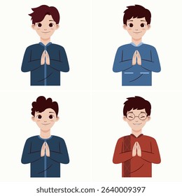 Four cartoon illustrations of young men, each wearing traditional clothing and bowing.  The men's expressions are friendly and happy. The image is suitable for depicting a cultural or religious theme.