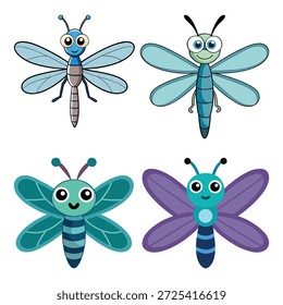 Four cartoon insects with wings dragonfly butterfly