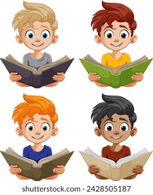 Four cartoon kids with books smiling joyfully