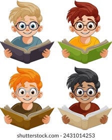 Four cartoon kids with books smiling happily