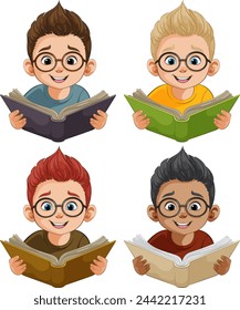 Four cartoon kids with books smiling happily.