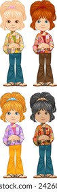 Four cartoon kids with different hairstyles and clothes.