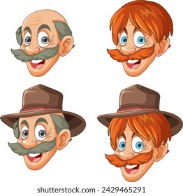 Four cartoon male faces with different expressions.