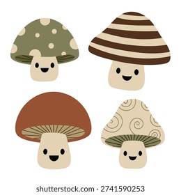 Four cartoon mushrooms with different patterns on caps, smiling faces, and beige stems, arranged in a square on a white background.