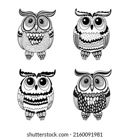 Cuatro búhos de caricatura. Caracteres aislados en blanco. Vector. Perfecto para plantillas de diseño, papel pintado, envoltura, tela y textil. Perfecto para el vivero.