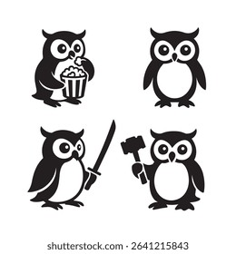 Four Cartoon Owls in Various Poses