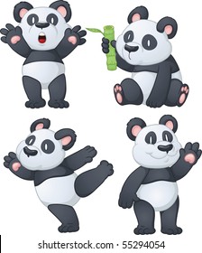 Four cartoon panda bears. Vector illustration using simple gradients. All characters are on separate layers for easy editing.