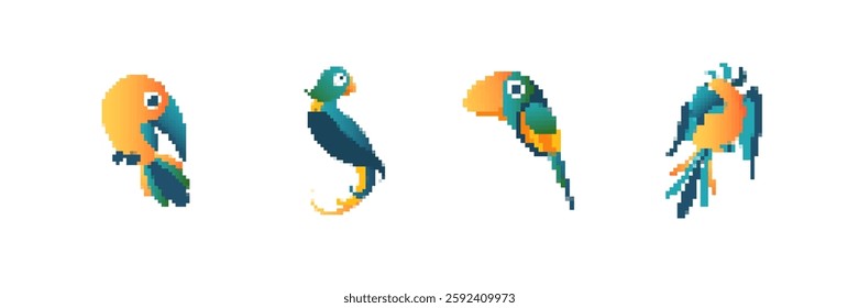 Four cartoon parrots are depicted in retro pixel art, each facing different directions left to right.