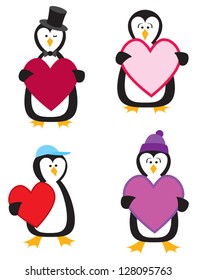 Four cartoon penguins holding different Valentines hearts.