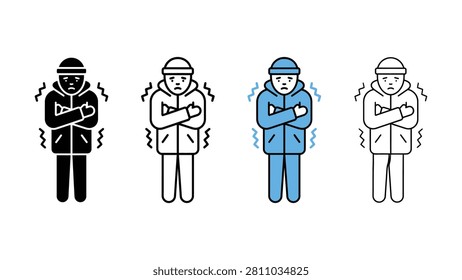Four cartoon people shivering in cold weather with sweat lines around them standing still