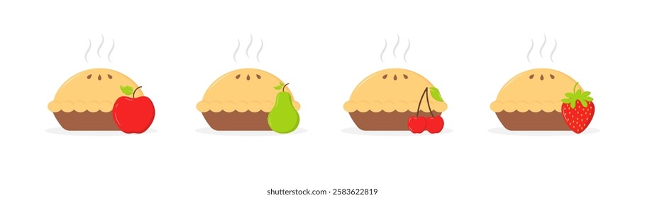 Four cartoon pies with fruits: apple, pear, cherry, and strawberry. Vector icon