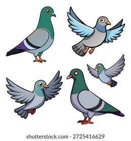 Four cartoon pigeons in flight and standing dove bird