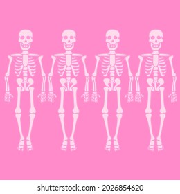 four cartoon pink skeletons in one position. Skeletons in the closet.