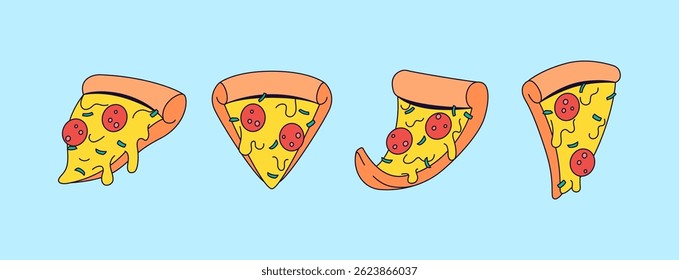 Quatro fatias de pizza de desenho animado, cada um com pepperoni e desenho de queijo desenho à mão desenhado ilustração