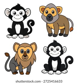 Four cartoon primates with black and brown fur monkey