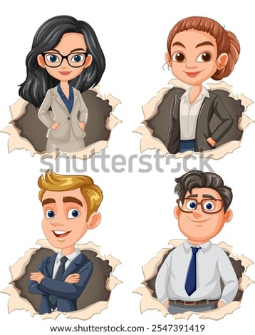 Four cartoon professionals in torn paper frames