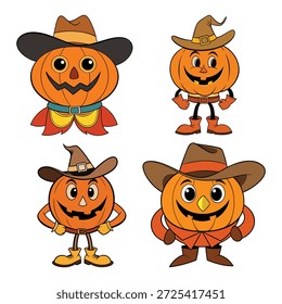 Four cartoon pumpkins dressed in hats and clothes halloween