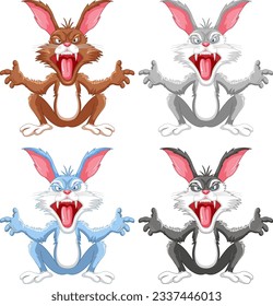 Four cartoon rabbits with sharp teeth are sitting together, isolated on a white background